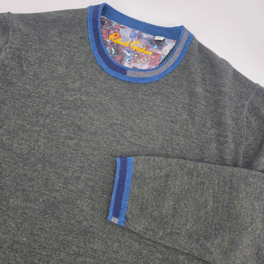 ROBERT GRAHAM SWEATER MENS LARGE GREEN 100% WOOL BLUE GRAY TRIM CREWNECK PREPPY